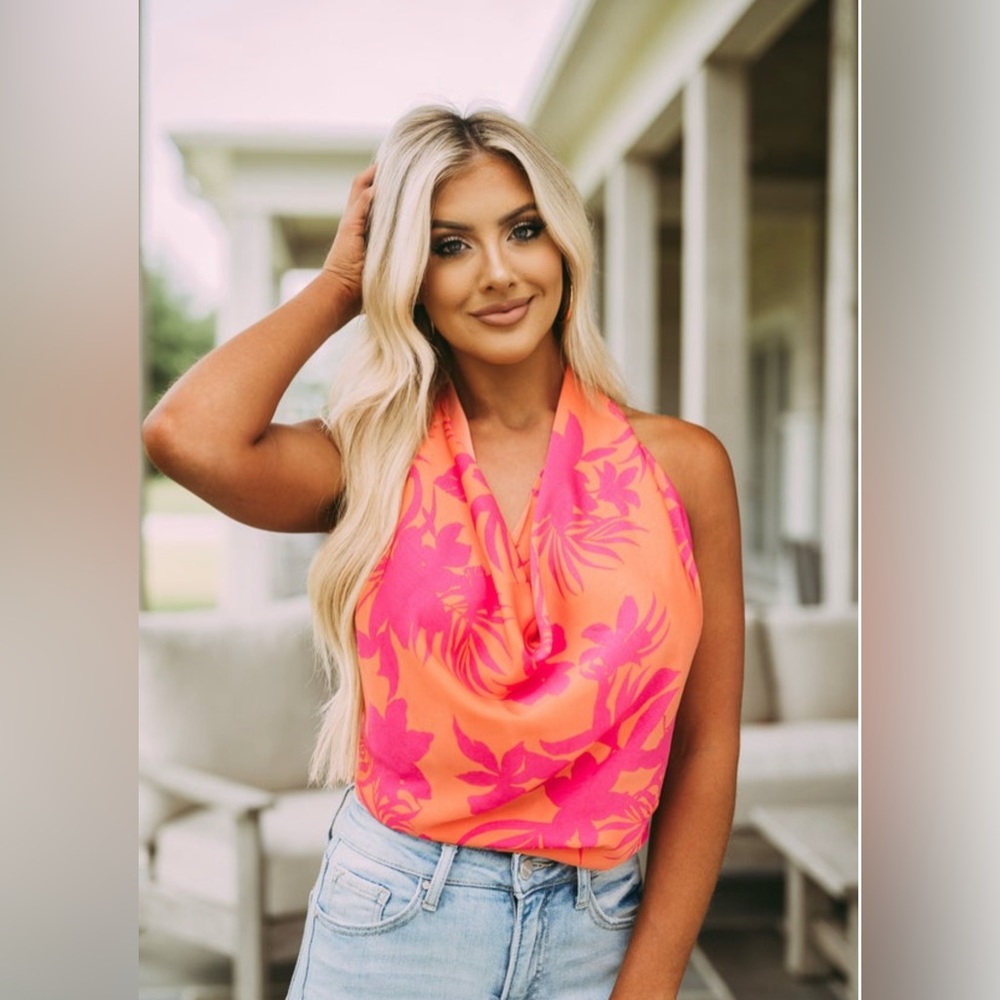palm printed cowl neck top